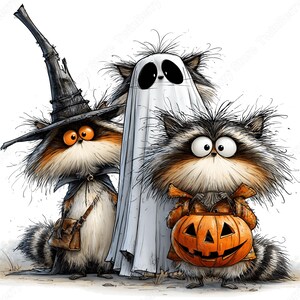 May include: A digital illustration of three furry creatures standing together. One raccoon wears a tall black pointed hat and a cape. A central figure is draped in a white sheet like a ghost. A third raccoon holds an orange jack-o'-lantern bucket.