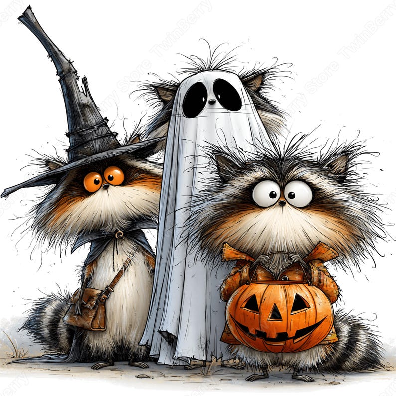 May include: A digital illustration of three furry creatures standing together. One raccoon wears a tall black pointed hat and a cape. A central figure is draped in a white sheet like a ghost. A third raccoon holds an orange jack-o'-lantern bucket.