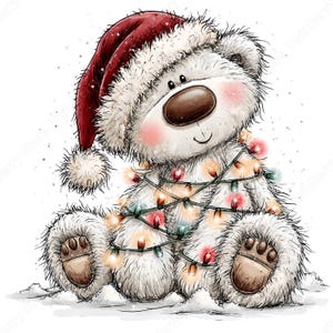 Puede incluir: Un oso de peluche blanco y esponjoso que lleva un gorro de Pap&aacute; Noel rojo oscuro con un pomp&oacute;n blanco. El oso tiene una nariz marr&oacute;n, mejillas rosadas y est&aacute; envuelto en una cadena de luces navide&ntilde;as multicolores. Est&aacute; sentado sobre nieve.