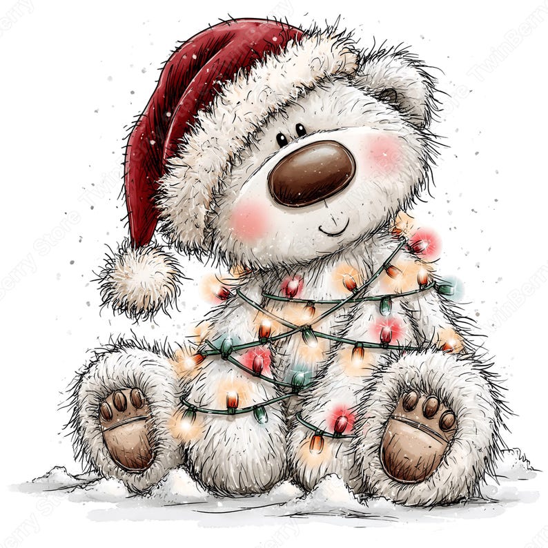 Puede incluir: Un oso de peluche blanco y esponjoso que lleva un gorro de Pap&aacute; Noel rojo oscuro con un pomp&oacute;n blanco. El oso tiene una nariz marr&oacute;n, mejillas rosadas y est&aacute; envuelto en una cadena de luces navide&ntilde;as multicolores. Est&aacute; sentado sobre nieve.