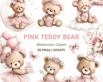 Clipart de osito de peluche rosa en acuarela: Conjunto de PNG de niña de guardería (Descarga digital - 35 PNG)