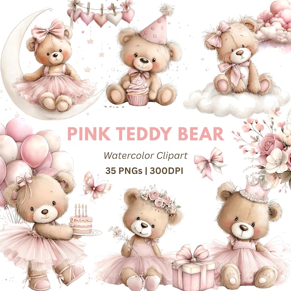 Aquarell-Cliparts mit rosa Teddybären: PNG-Set für Mädchen im Kinderzimmer (Digitaler Download – 35 PNGs)