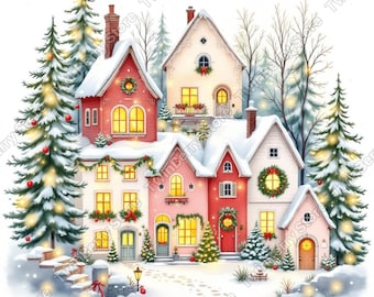 Aquarell Weihnachtsdorf Clipart Bundle, Urlaub Winter Szenen (digitaler Download)