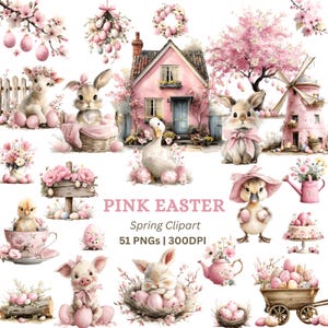 Pacchetto di 51 clipart floreali di Pasqua rosa in formato PNG, coniglietto primaverile, agnello e pulcino