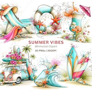 May include: Watercolor illustration with a beach theme. Features a beach chair, life preserver, cocktail, surfboards, and a vintage van. The text "SUMMER VIBES" is displayed. Whimsical clipart with 30 PNGs at 300 DPI.