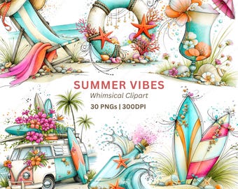 Summer Beach Clipart PNG, 30 Watercolor Tropical Beach Elements for Shirts Mugs and Wall Art