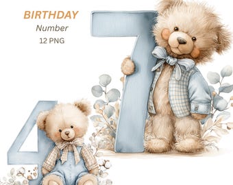 Blue Teddy Bear Milestone PNG, 12 Whimsical Numbers 1-12 Clipart for Baby Boy Photos