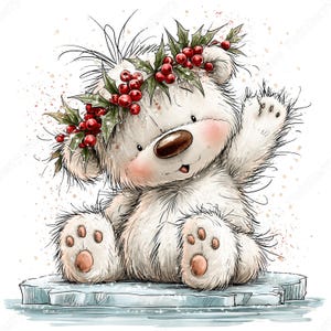 Puede incluir: Una ilustraci&oacute;n de un oso blanco esponjoso con nariz marr&oacute;n oscuro y mejillas rosadas, que lleva una corona de hojas de acebo verdes y bayas rojas. El oso est&aacute; sentado sobre un t&eacute;mpano de hielo azul claro, saludando con una pata.