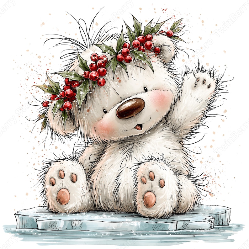 Puede incluir: Una ilustraci&oacute;n de un oso blanco esponjoso con nariz marr&oacute;n oscuro y mejillas rosadas, que lleva una corona de hojas de acebo verdes y bayas rojas. El oso est&aacute; sentado sobre un t&eacute;mpano de hielo azul claro, saludando con una pata.