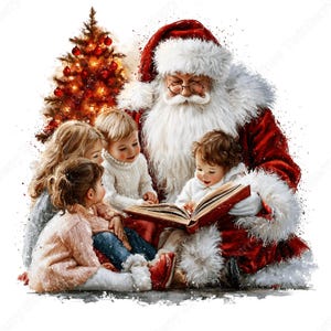 May include: Santa Claus with a white beard and red suit reading an open book to three children. The children wear sweaters and jeans. A glowing Christmas tree with red ornaments stands in the background. The illustration has a watercolor style.