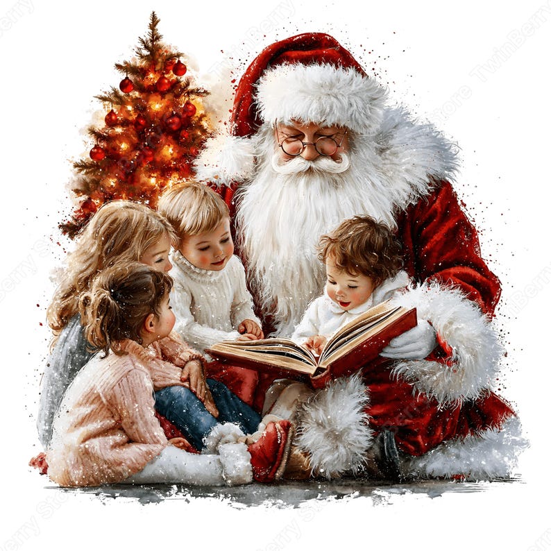 May include: Santa Claus with a white beard and red suit reading an open book to three children. The children wear sweaters and jeans. A glowing Christmas tree with red ornaments stands in the background. The illustration has a watercolor style.