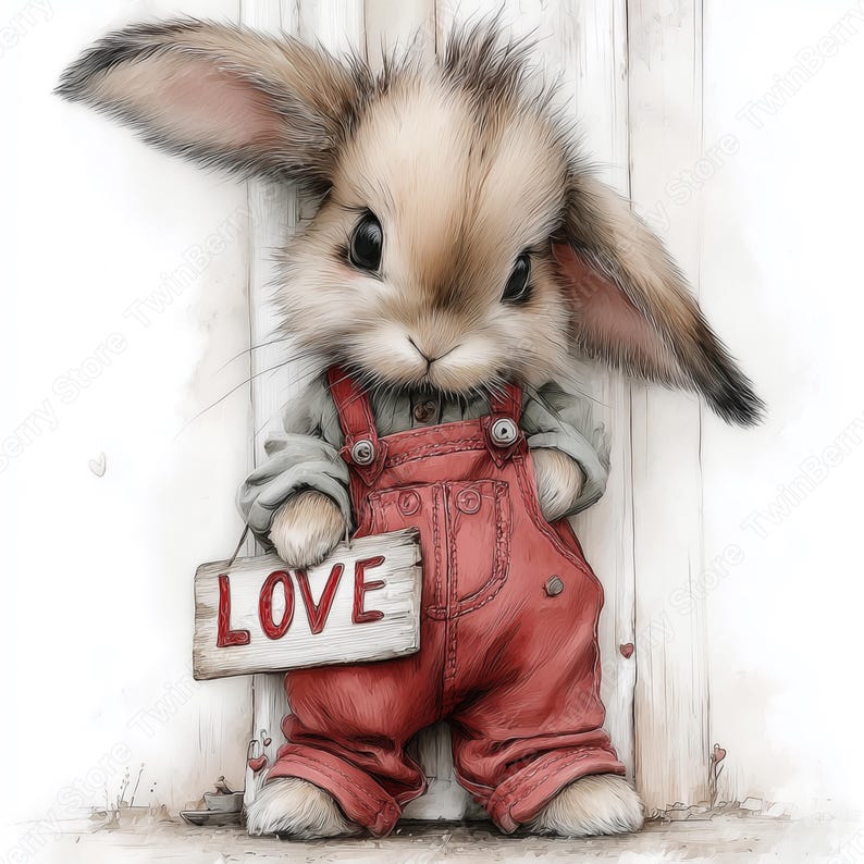 May include: A watercolor illustration of a bunny wearing red overalls and holding a wooden sign that reads "LOVE". The bunny has long ears and is standing in front of a white wooden door.