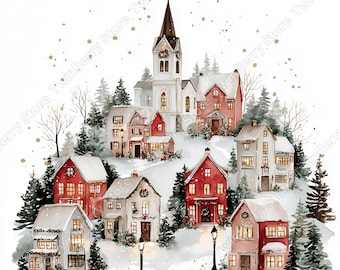 16 Weihnachtsdorf Clipart JPG Bundle, Aquarell Karte Art, druckbare Winter Szene Grafiken, Papierkraft, digitaler Download