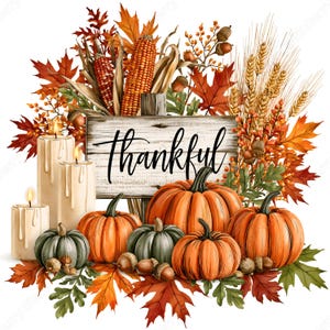 May include: A decorative arrangement featuring a wooden sign with the word thankful in black script, surrounded by orange and green pumpkins, three cream-colored pillar candles with wax drips, autumn leaves, corn cobs, wheat, and acorns.