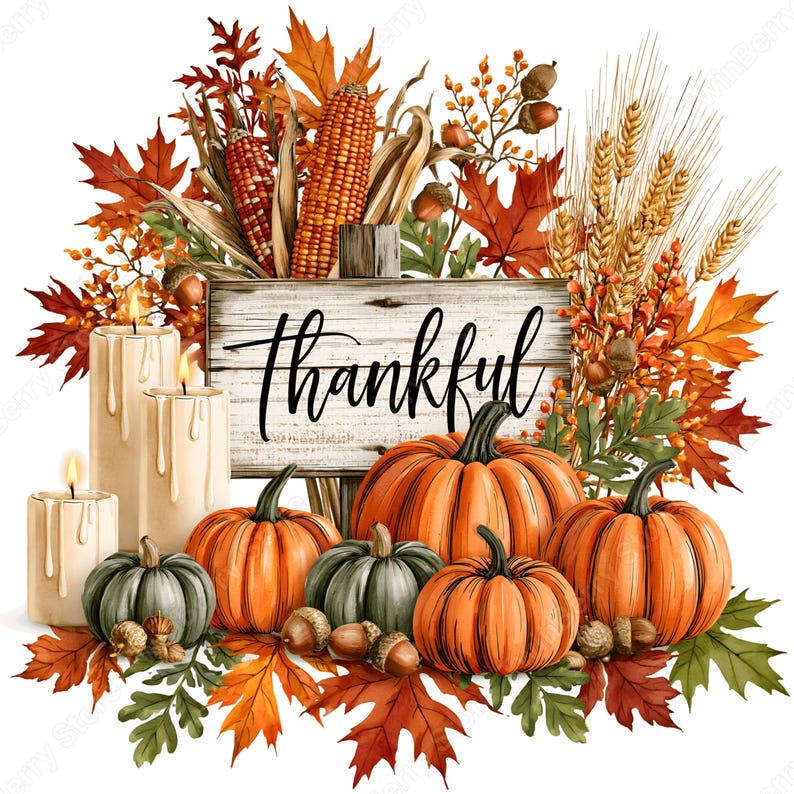 May include: A decorative arrangement featuring a wooden sign with the word thankful in black script, surrounded by orange and green pumpkins, three cream-colored pillar candles with wax drips, autumn leaves, corn cobs, wheat, and acorns.