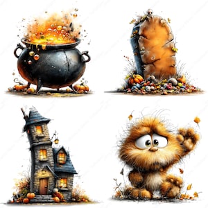 May include: A collection of Halloween-themed illustrations. Includes a bubbling cauldron, a weathered tombstone with a skull, a crooked stone house with lit windows, and a fluffy orange cartoon creature waving.