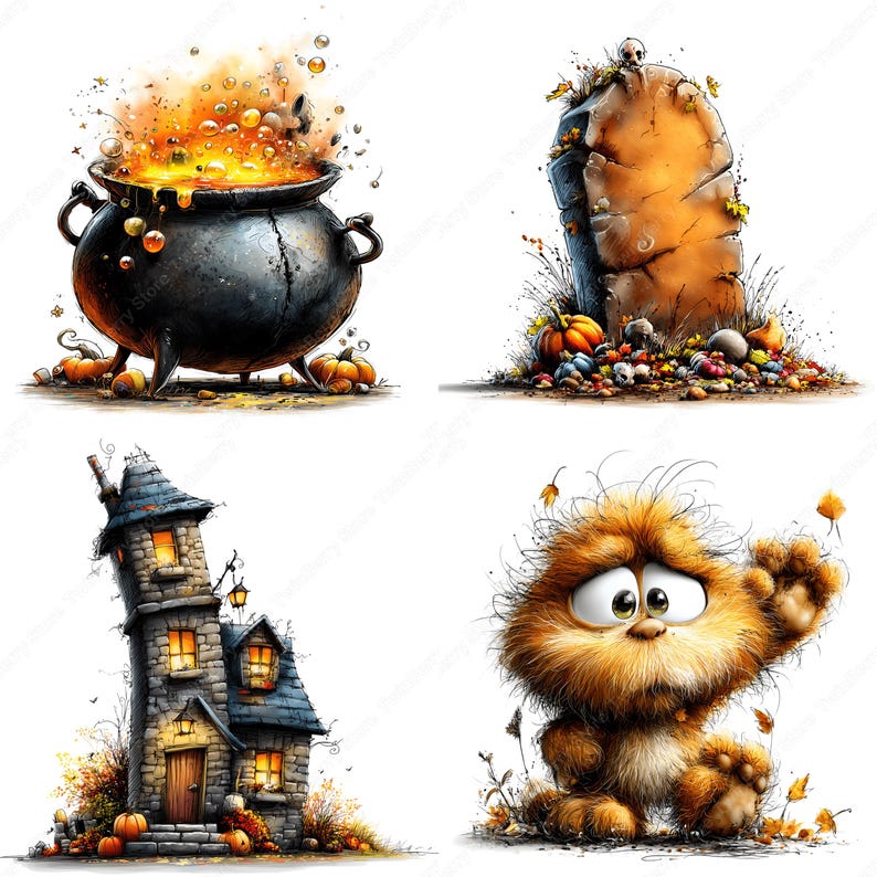 May include: A collection of Halloween-themed illustrations. Includes a bubbling cauldron, a weathered tombstone with a skull, a crooked stone house with lit windows, and a fluffy orange cartoon creature waving.