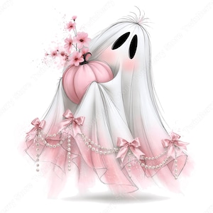 May include: A white ghost illustration featuring a soft pink pumpkin adorned with delicate pink cherry blossoms. The ghost is decorated with multiple light pink bows and strings of white pearls draped along the bottom edge of its flowing sheet.