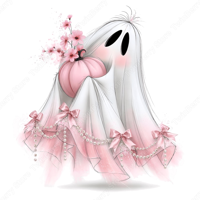 May include: A white ghost illustration featuring a soft pink pumpkin adorned with delicate pink cherry blossoms. The ghost is decorated with multiple light pink bows and strings of white pearls draped along the bottom edge of its flowing sheet.