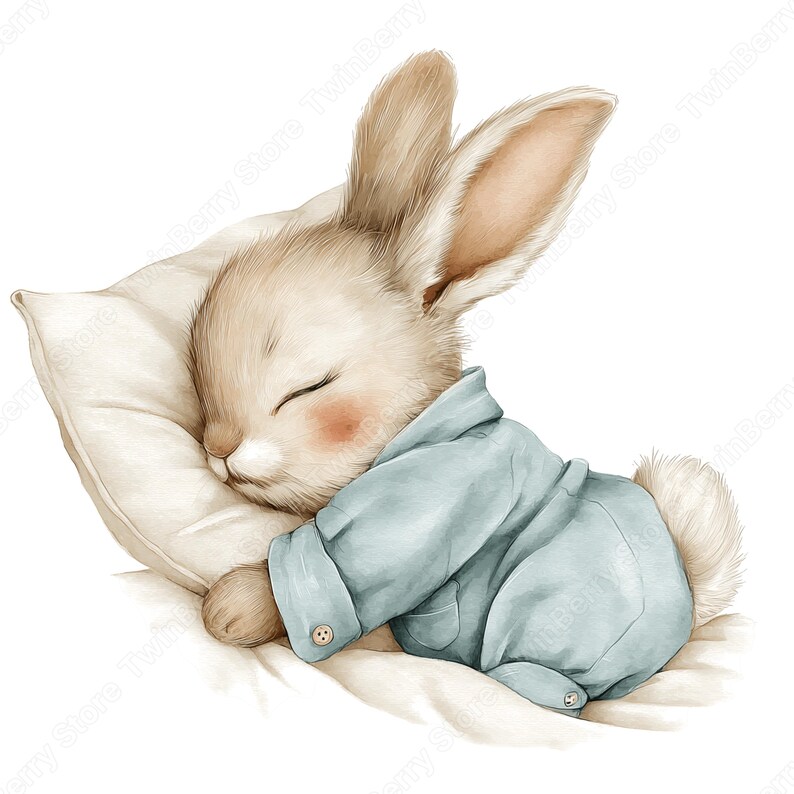 May include: A watercolour illustration of a sleeping bunny wearing a light blue pajama set. The bunny is resting on a white pillow, with its eyes closed and cheeks blushed pink. The image has a soft, gentle aesthetic.