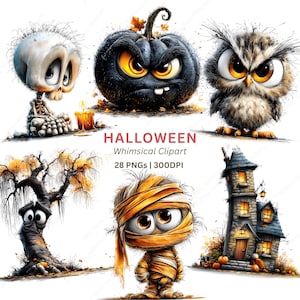 May include: A collection of whimsical Halloween-themed clipart. The image features a skeleton, a black pumpkin with glowing eyes, an owl, a mummy, a spooky tree, and a haunted house. The text "HALLOWEEN Whimsical Clipart" is also included.