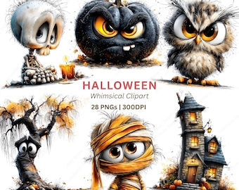 Halloween Clipart PNG, 28 Quirky Spooky Monsters Pumpkins and Ghosts for Mugs Stickers and Cards
