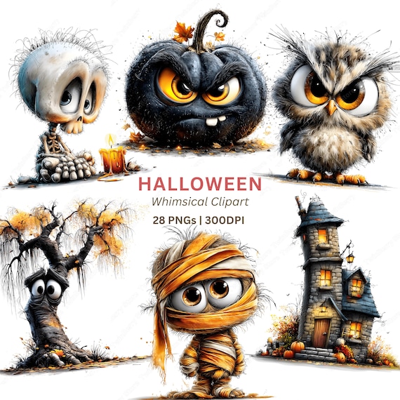 Halloween Clipart PNG, 28 Quirky Spooky Monsters Pumpkins and Ghosts for Mugs Stickers and Cards