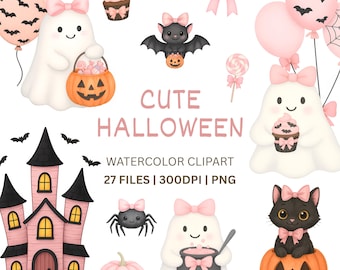 Cute Pink Halloween Clipart - 27 Watercolor PNG Images - Ghosts, Pumpkins, Cats and Haunted House Clipart Bundle