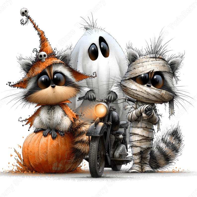 May include: A digital illustration featuring a raccoon wearing an orange witch hat with a skull sitting on a pumpkin, a white ghost figure, and a raccoon wrapped in bandages like a mummy, all positioned around a black motorcycle with a lit headlight.
