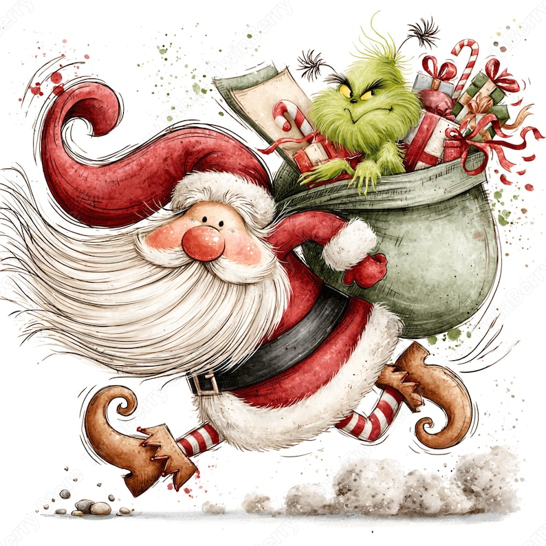 Op de afbeelding: Een grillige illustratie van de Kerstman die rent met een grote groene zak over zijn schouder. Een klein, groen, harig wezen met een norse uitdrukking kijkt uit de zak, die gevuld is met ingepakte cadeautjes en zuurstokken.
