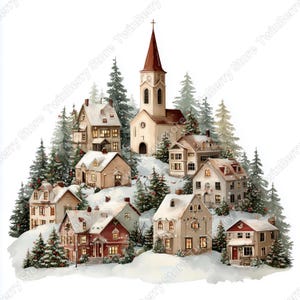 Puede incluir: Ilustraci&oacute;n en acuarela de un pueblo cubierto de nieve con una iglesia y casas. Los edificios tienen ventanas iluminadas y est&aacute;n rodeados de &aacute;rboles de hoja perenne. Una encantadora escena invernal.