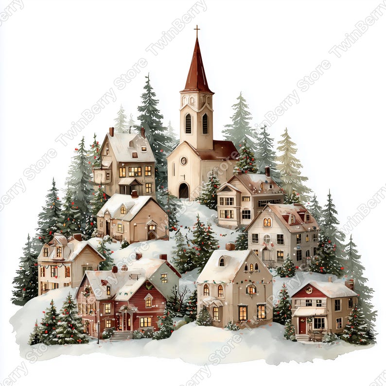 Puede incluir: Ilustraci&oacute;n en acuarela de un pueblo cubierto de nieve con una iglesia y casas. Los edificios tienen ventanas iluminadas y est&aacute;n rodeados de &aacute;rboles de hoja perenne. Una encantadora escena invernal.