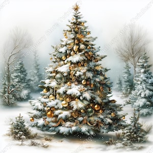 Watercolor Christmas Tree Landscape Clipart, Winter Scene (Digital Download)