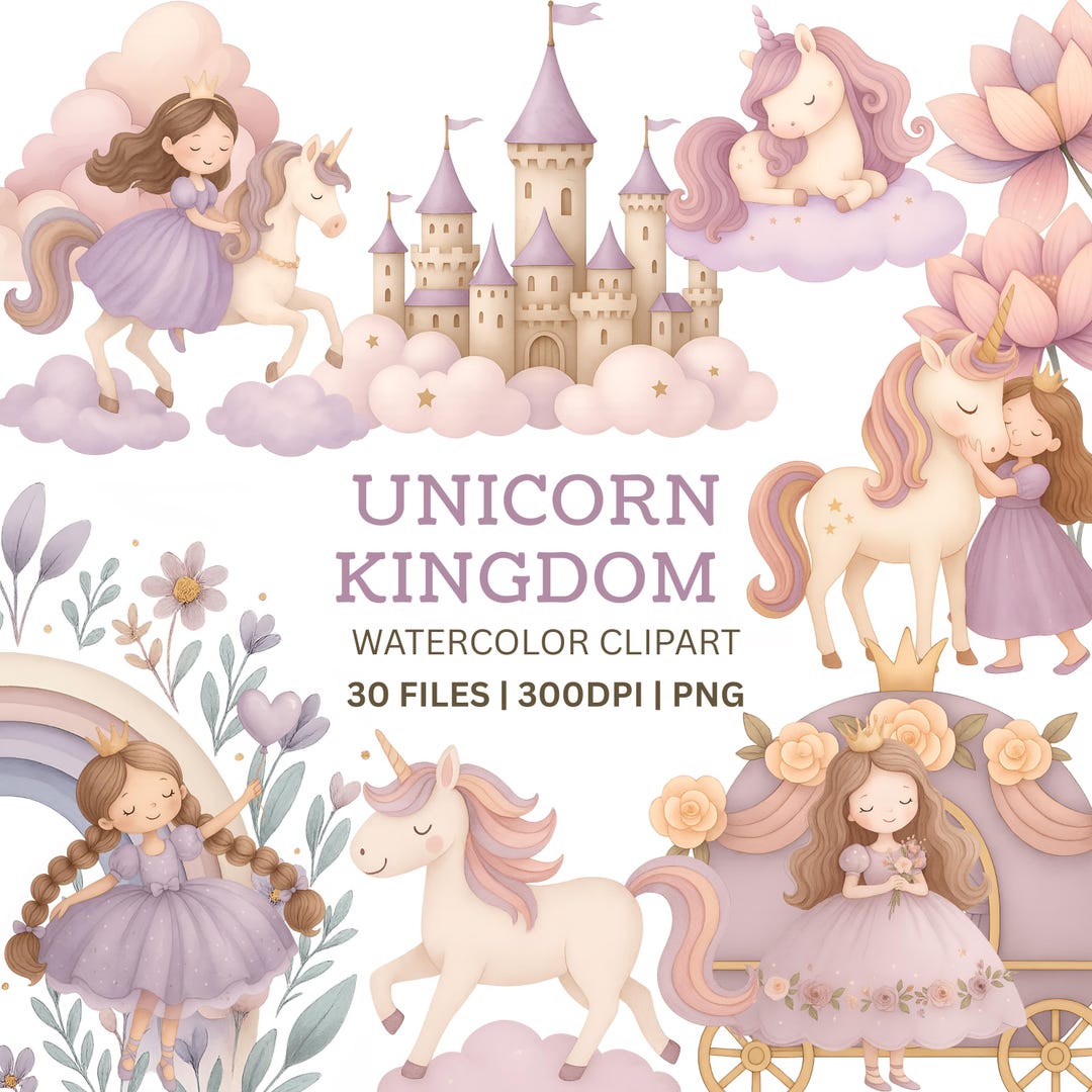 Unicorn and Princess Clipart Bundle - Pastel Watercolor Unicorn PNG ...