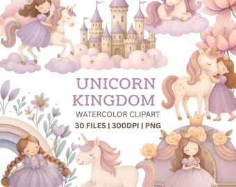 Unicorn and Princess Clipart Bundle - Pastel Watercolor Unicorn PNG - Cute Baby Shower Birthday Digital Download (30 Files)