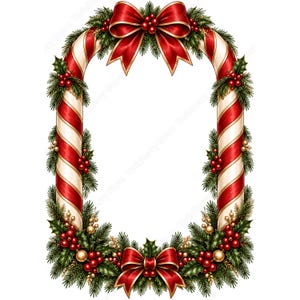 May include: A rectangular frame composed of two vertical candy canes with red and white diagonal stripes, connected by a top arch. The frame is decorated with green pine needles, red holly berries, gold accents, and two large red satin bows.