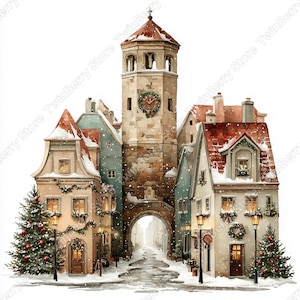 Puede incluir: Ilustraci&oacute;n en acuarela de una plaza de pueblo europeo nevada con una torre del reloj, una puerta arqueada y edificios con tejados de tejas rojas. Los &aacute;rboles de Navidad y las guirnaldas adornan los edificios, con farolas que iluminan la calle nevada.