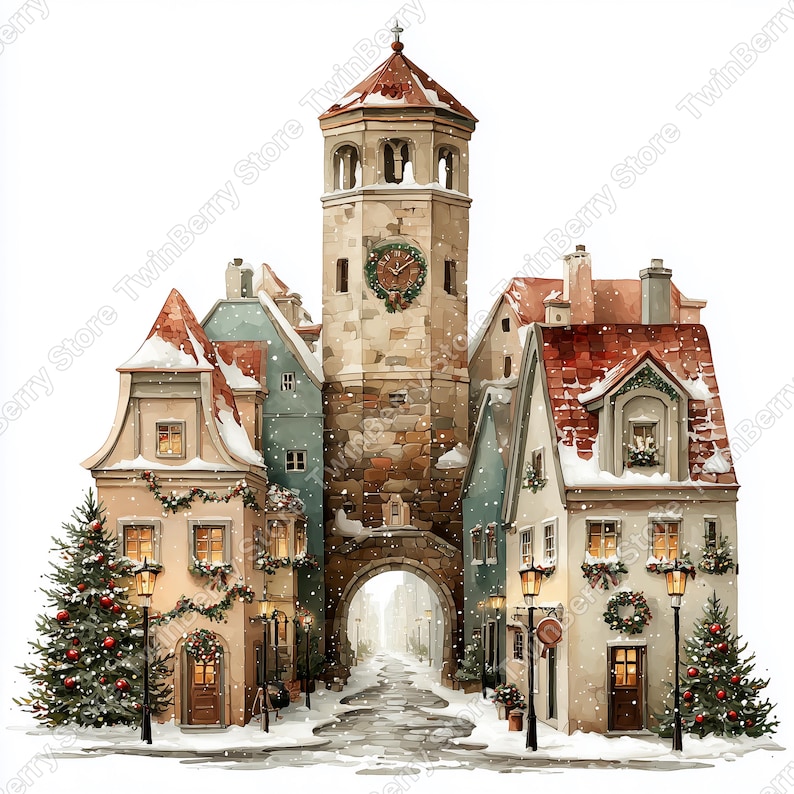 Puede incluir: Ilustraci&oacute;n en acuarela de una plaza de pueblo europeo nevada con una torre del reloj, una puerta arqueada y edificios con tejados de tejas rojas. Los &aacute;rboles de Navidad y las guirnaldas adornan los edificios, con farolas que iluminan la calle nevada.