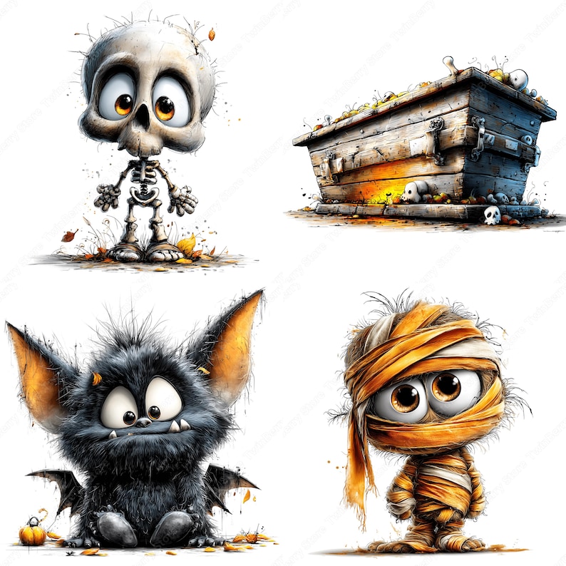 May include: A collection of four cartoon Halloween characters. Includes a skeleton, a coffin with skulls, a furry bat with large ears, and a mummy wrapped in bandages. The characters are set against a white background with autumn leaves.