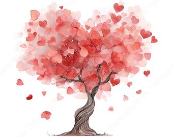 17 Watercolor Heart Tree Clipart PNG, Romantic Valentine Trees with Falling Hearts Bundle