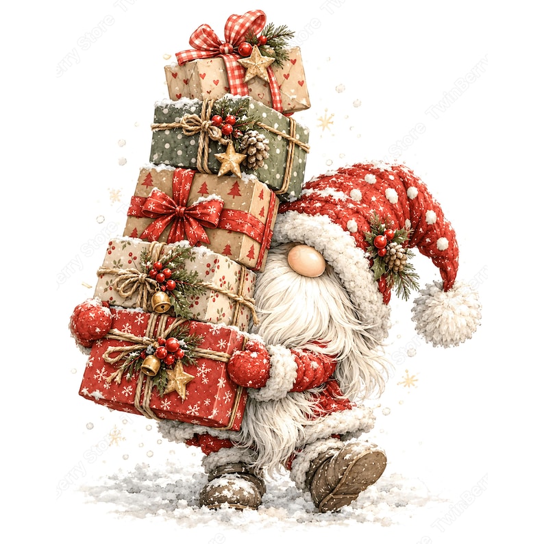 Puede incluir: Un gnomo con una larga barba blanca y un gorro rojo con lunares blancos y un pomp&oacute;n, cargando una pila alta de cinco cajas de regalo envueltas. Los regalos est&aacute;n decorados con cintas, pi&ntilde;as, bayas rojas y adornos de estrellas doradas.