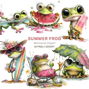 Summer Frog PNG, 18 Watercolor Funny Beach Frog Clipart with Surfboard and Ice Cream