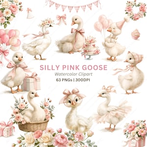 Puede incluir: Una colección digital de ilustraciones en acuarela que presenta gansos blancos decorados con lazos rosas, coronas de flores, sombreros de fiesta y gafas, junto a globos rosas, cajas de regalo, pasteles y ramos con el texto SILLY PINK GOOSE.