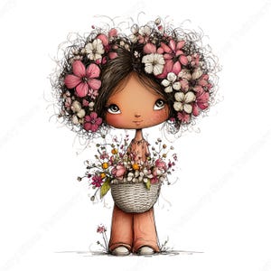 Vår Clipart PNG, 30 nyckfull flicka med blommor grafikpaket bild 17