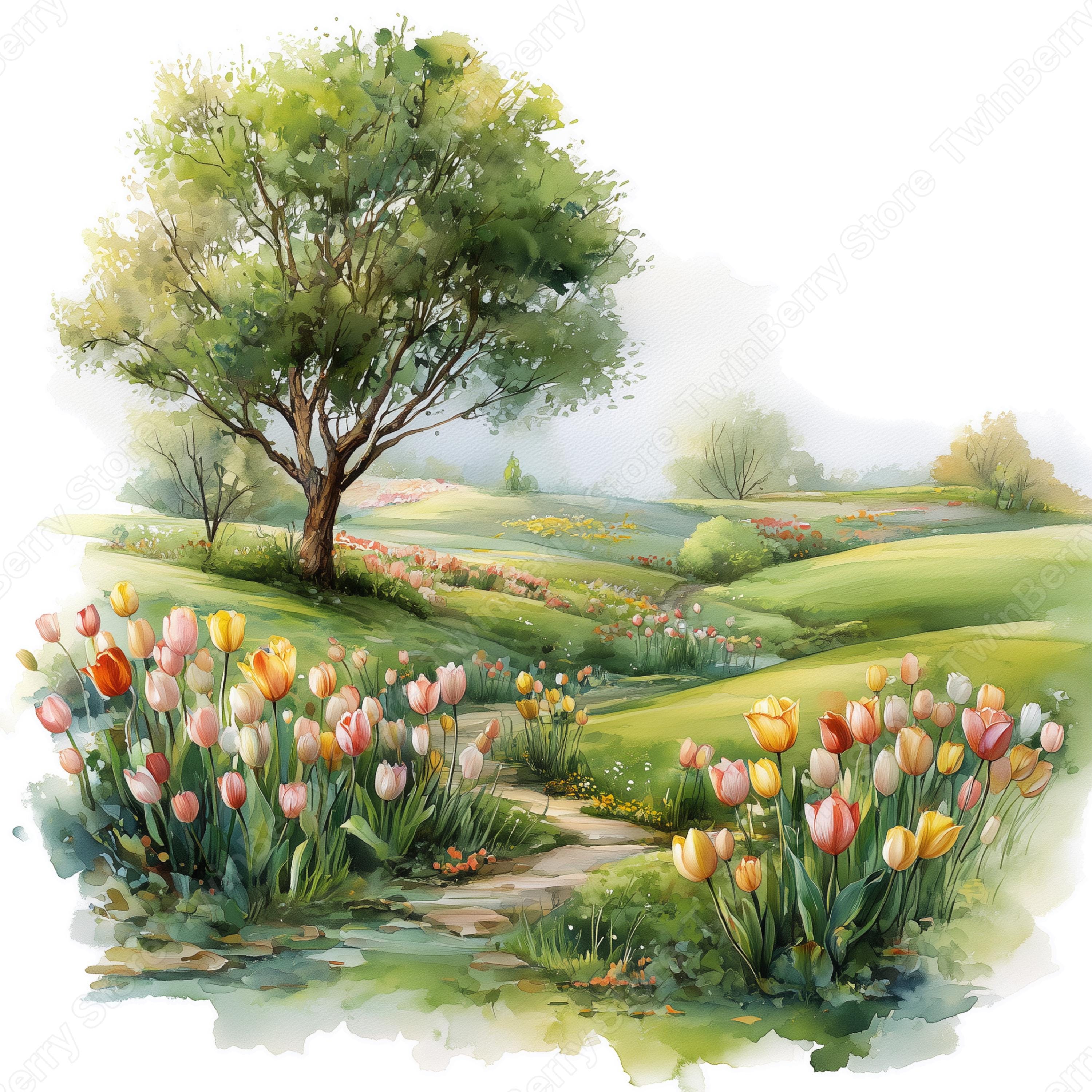 Spring Meadow Graphics Spring Clipart JPG, 20 Watercolor Landscape Lake Mountain Meadow ...