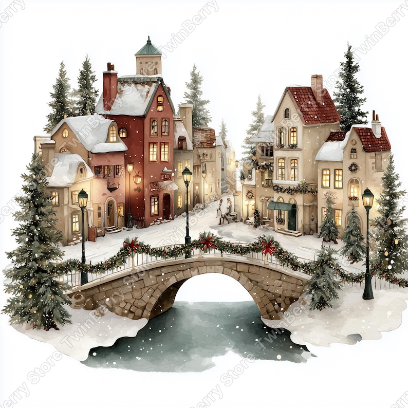 Puede incluir: Pintura a la acuarela de una escena de pueblo europeo nevado. Un puente de piedra cruza un r&iacute;o helado, con edificios que bordean la calle. Decoraciones navide&ntilde;as adornan el puente y los edificios, con ventanas iluminadas y farolas.