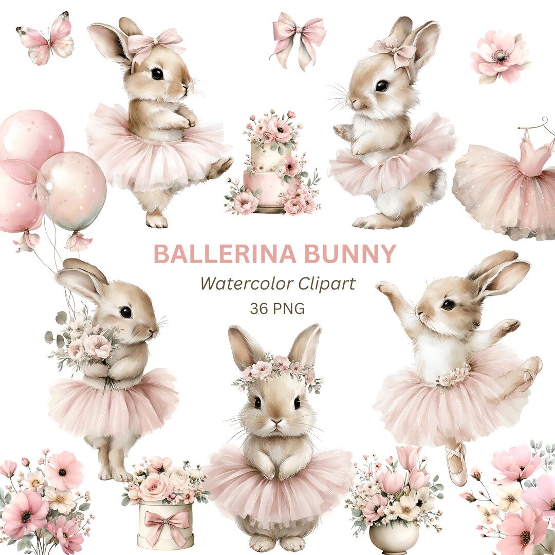 Ballerina Bunny PNG, 36 Watercolor Ballet Rabbit Clipart With Flowers ...