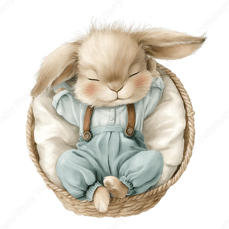 May include: A watercolour illustration of a sleeping bunny in a woven basket. The bunny has light brown fur, pink cheeks, and is wearing a light blue outfit with brown braces. It rests on a white pillow inside the basket.
