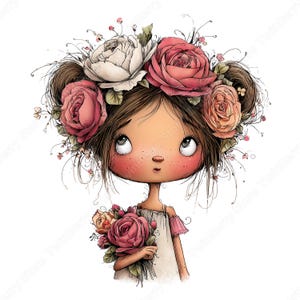 Vår Clipart PNG, 30 nyckfull flicka med blommor grafikpaket bild 14