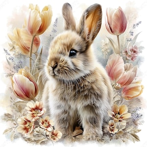 Easter Card JPG, 15 Realistic Bunny Spring Floral Watercolor Graphics Bundle
